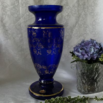 Ваза 35 см хрусталь кобальт золотая роспись 