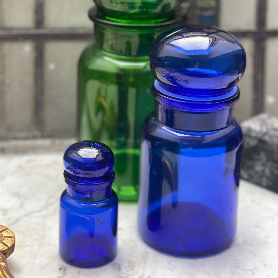 Банка аптекарская 50 мл синяя стекло Бельгия