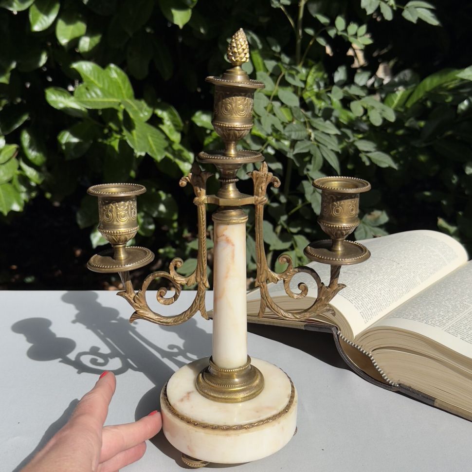 Подсвечник канделябр на 3 свечи 27 см мрамор бронза Франция 19 век Ампир