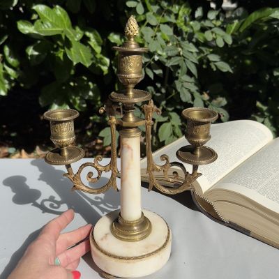 Подсвечник канделябр на 3 свечи 27 см мрамор бронза Франция 19 век Ампир