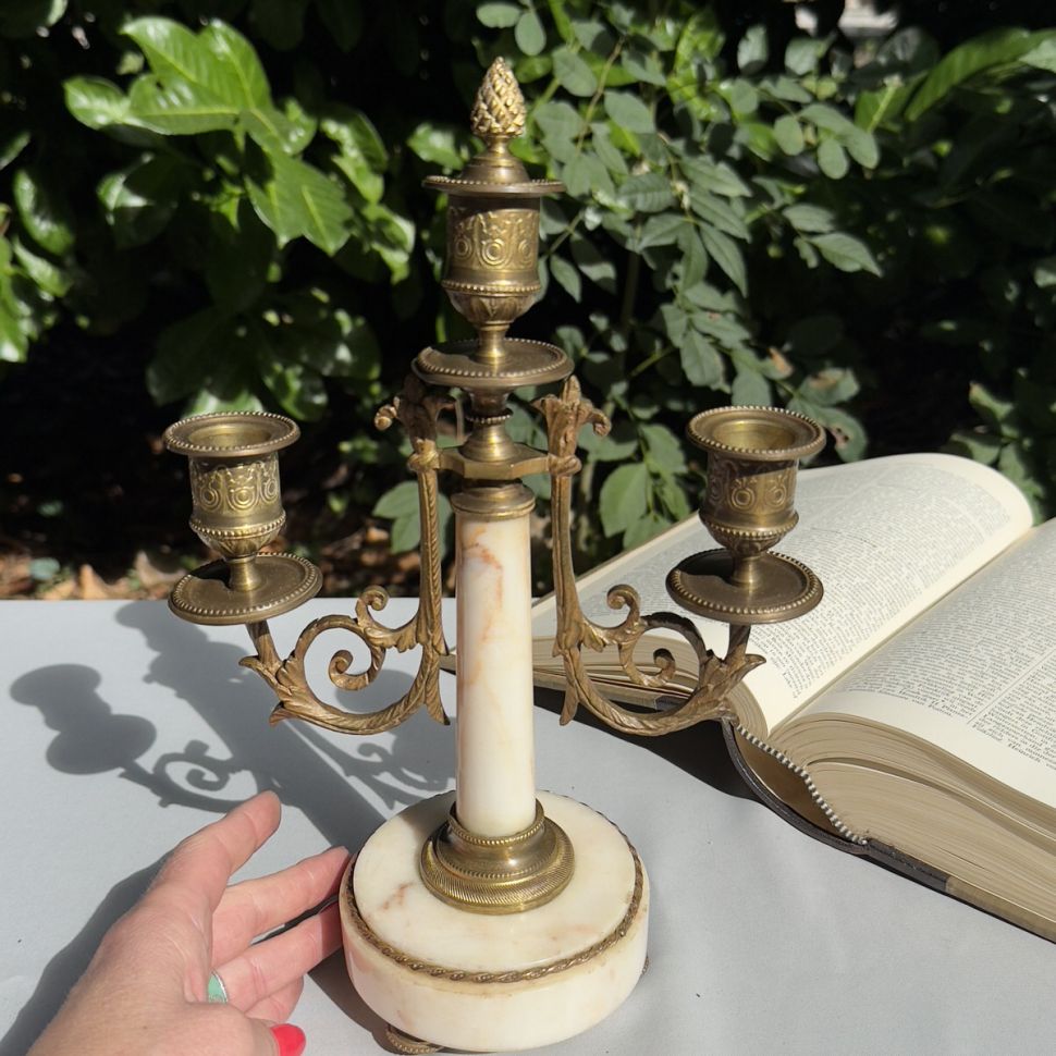 Подсвечник канделябр на 3 свечи 27 см мрамор бронза Франция 19 век Ампир