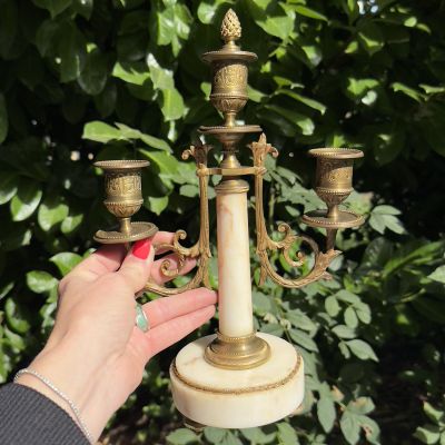 Подсвечник канделябр на 3 свечи 27 см мрамор бронза Франция 19 век Ампир