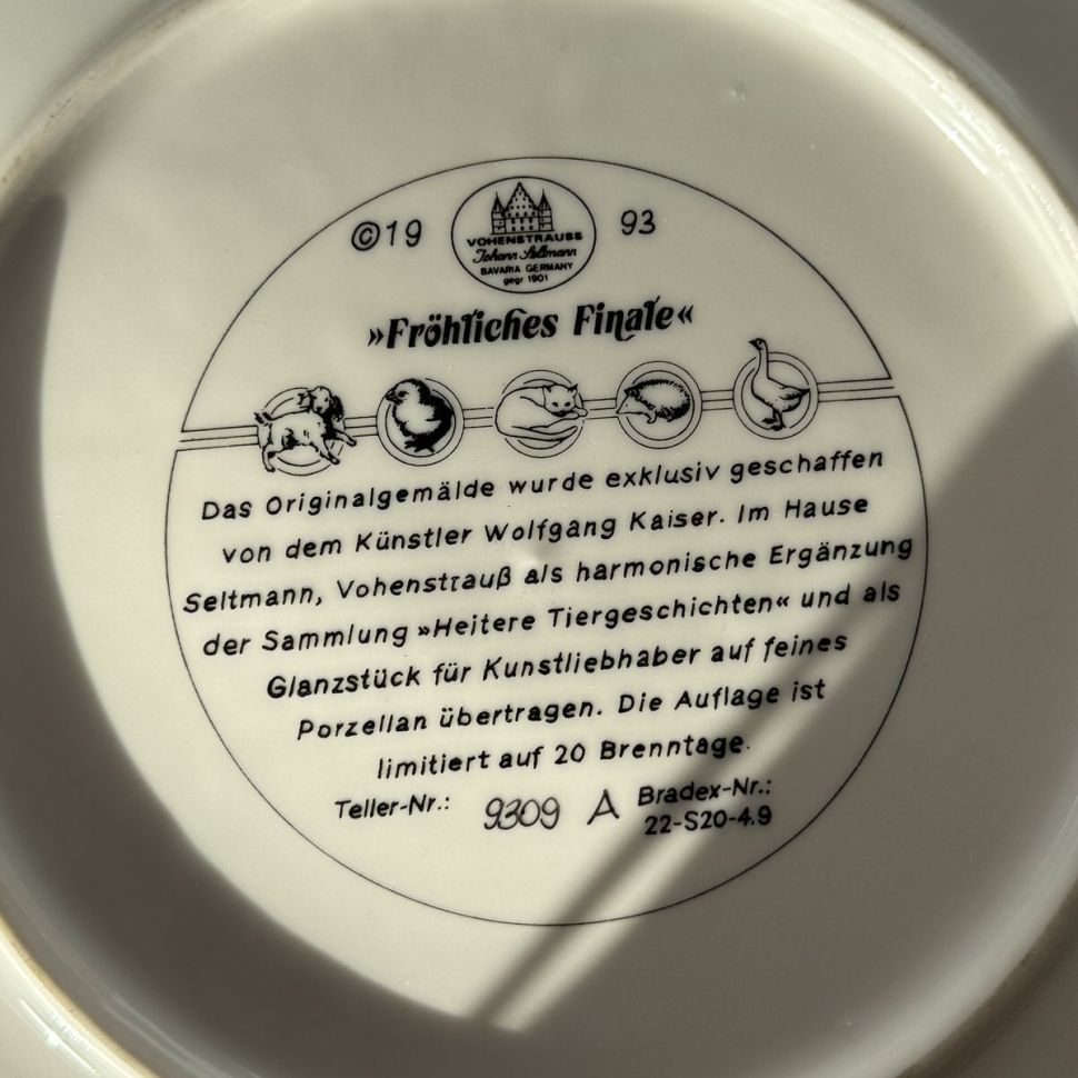 Тарелка Johann Seltman Веселые истории о животнызх 24 см фарфор Германия            