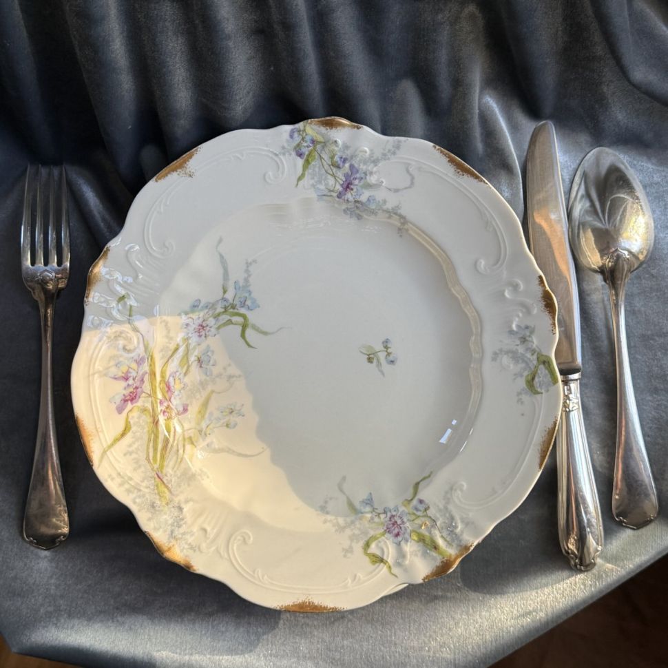 Тарелка глубокая Limoges Голубые ирисы 24 см фарфор 1895 гг. Франция 