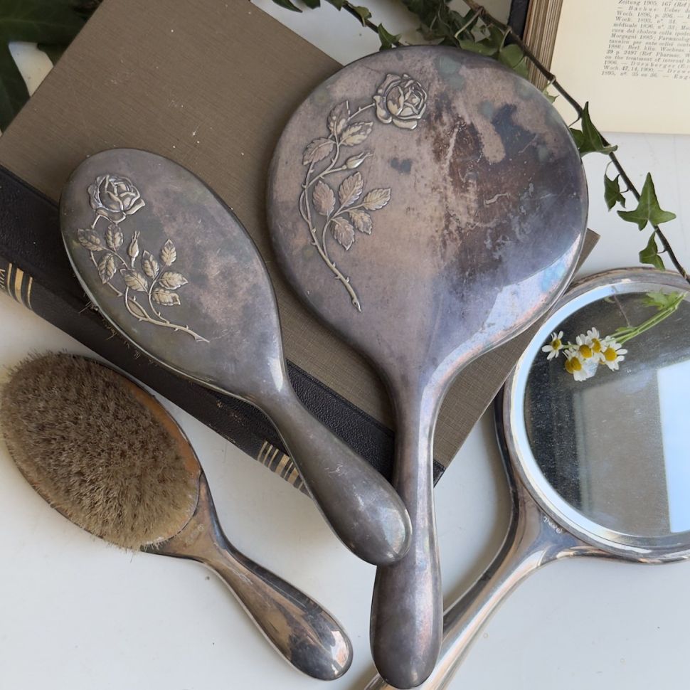 Зеркало щетка расческа набор Роза серебрение