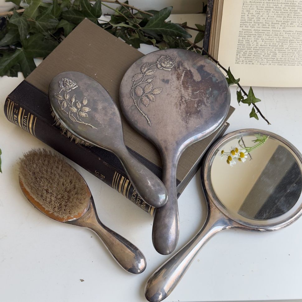 Зеркало щетка расческа набор Роза серебрение