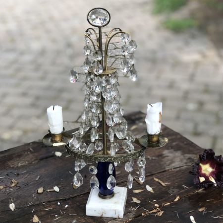 Подсвечник старинный с хрустальными подвесами 35 см 