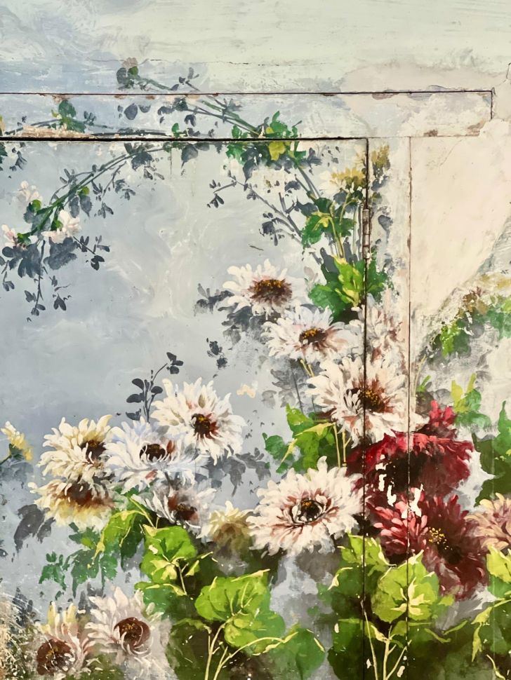 Репродукция фрески 21х28 см Белые хризантемы