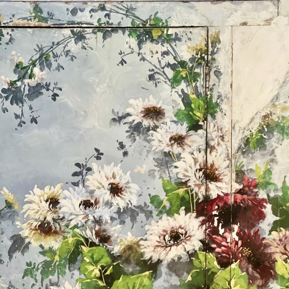 Репродукция фрески 21х28 см Белые хризантемы