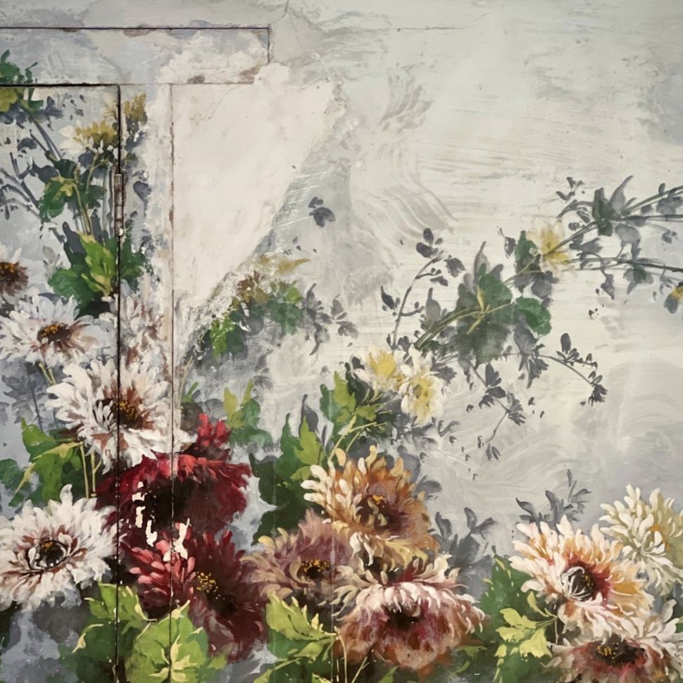 Репродукция фрески 21х28 см Розовые хризантемы