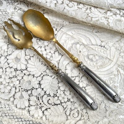 Ложка и вилка набор сервировочный 27 см серебро позолота Франция