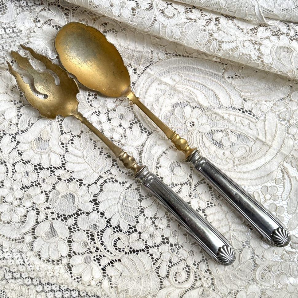 Ложка и вилка набор сервировочный 27 см серебро позолота Франция