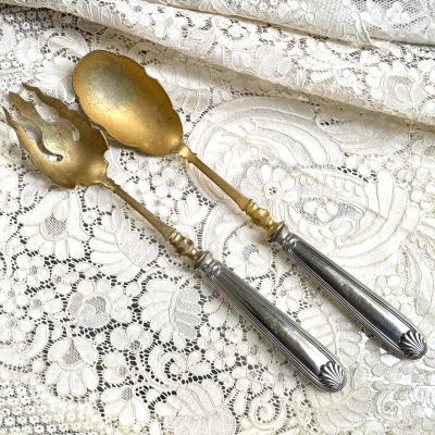 Ложка и вилка набор сервировочный 27 см серебро позолота Франция