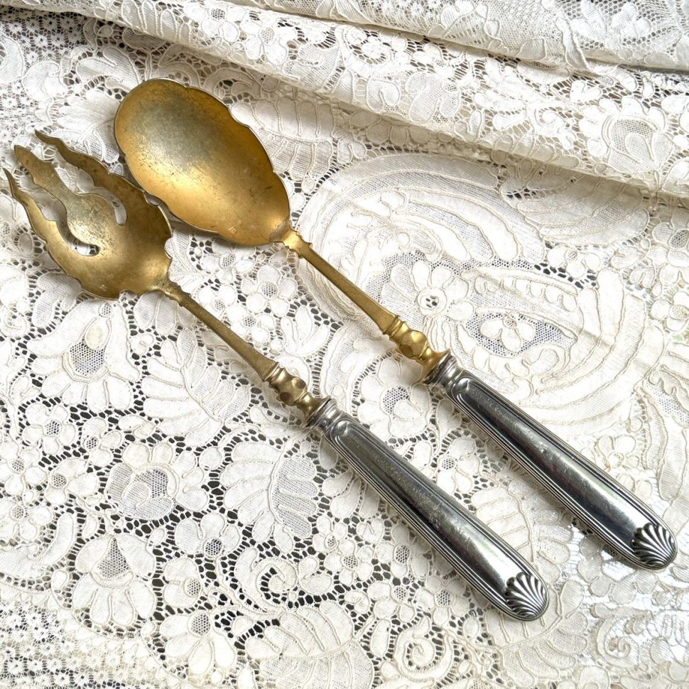 Ложка и вилка набор сервировочный 27 см серебро позолота Франция