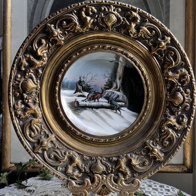 Тарелка панно Охота 30 см латунь фарфор чеканка Франция