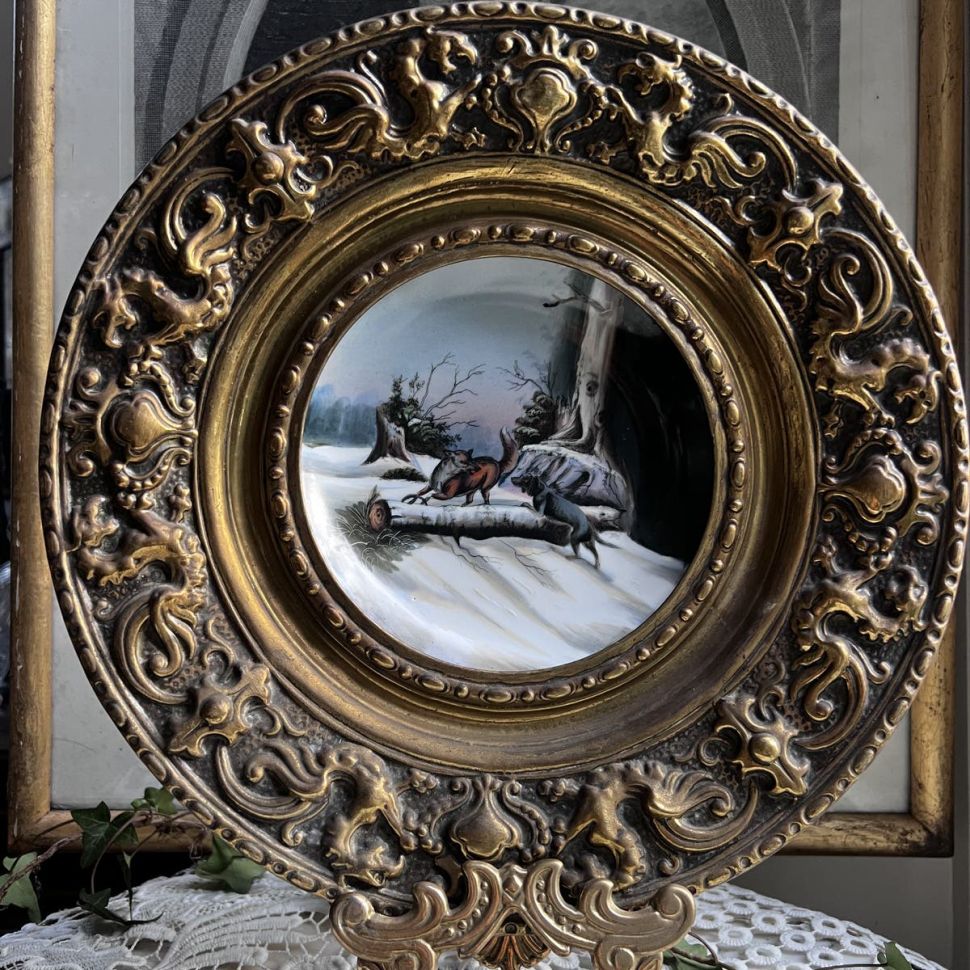 Тарелка панно Охота 30 см латунь фарфор чеканка Франция