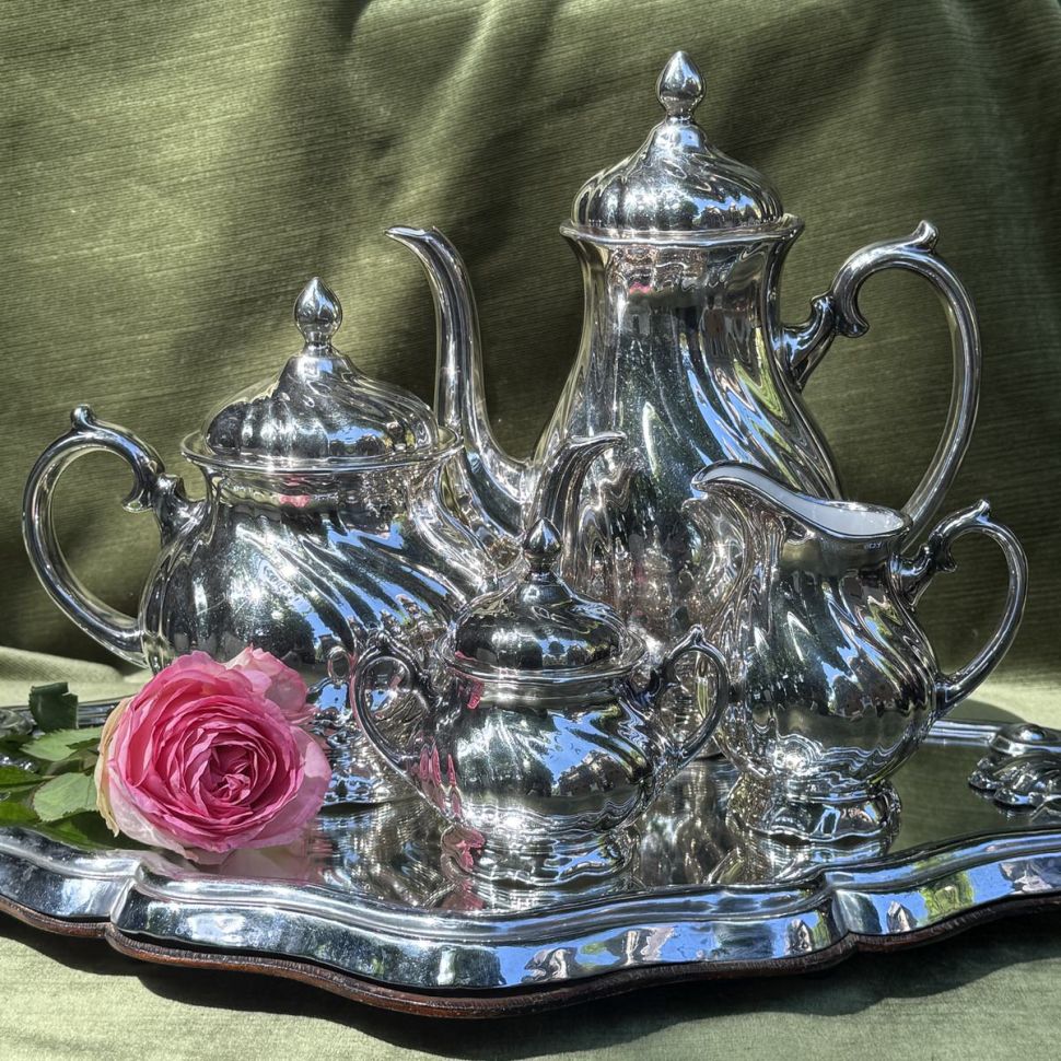 Чайник кофейник сахарница молочник набор 4 предмета фарфор серебрение