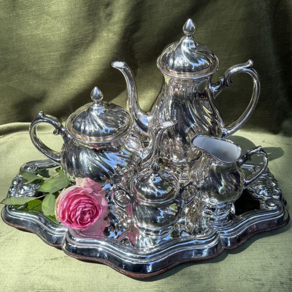 Чайник кофейник сахарница молочник набор 4 предмета фарфор серебрение