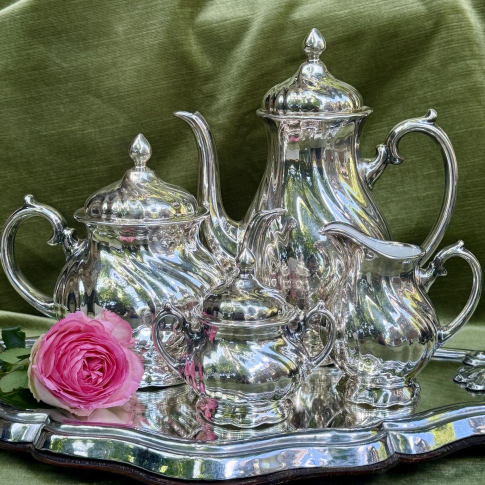 Чайник кофейник сахарница молочник набор 4 предмета фарфор серебрение