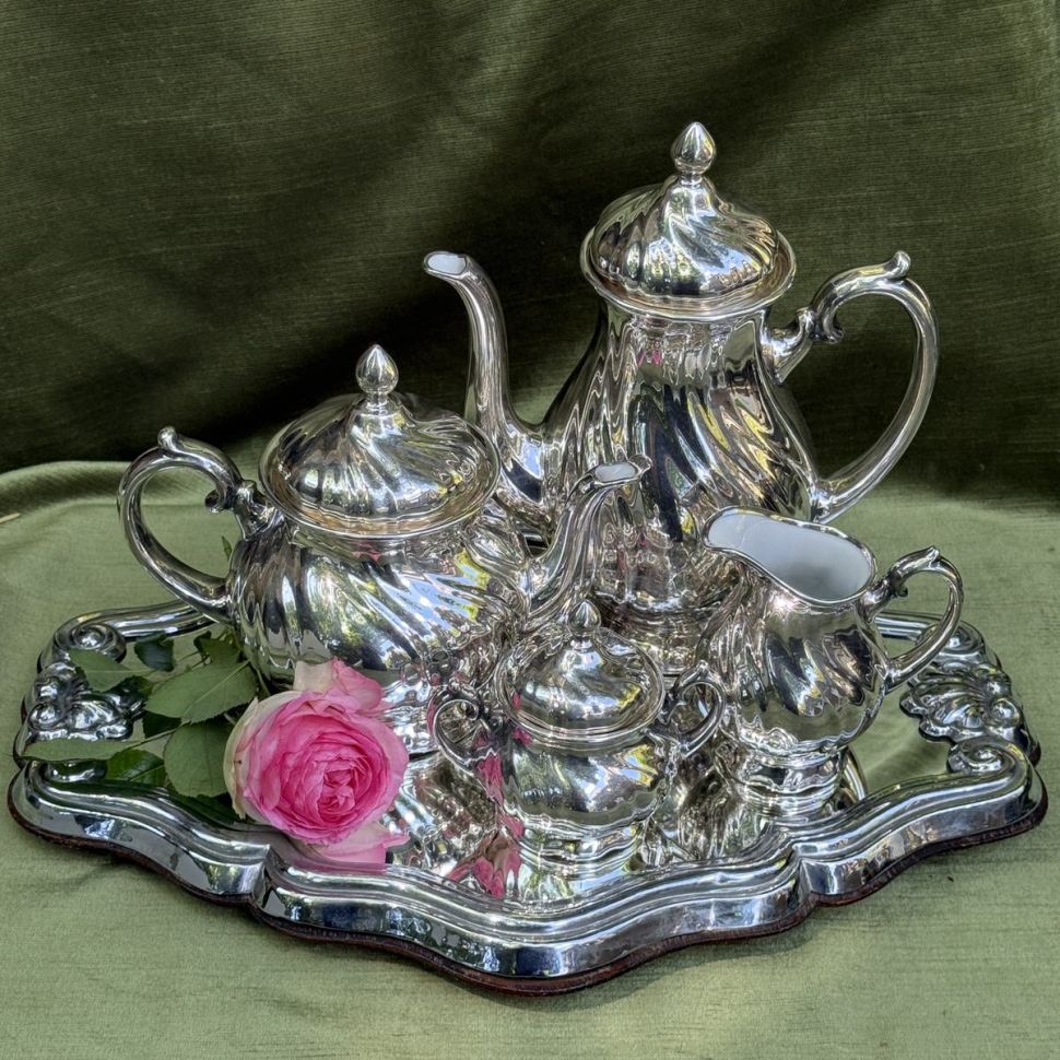 Чайник кофейник сахарница молочник набор 4 предмета фарфор серебрение