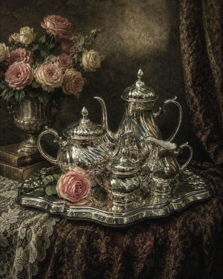 Чайник кофейник сахарница молочник набор 4 предмета фарфор серебрение