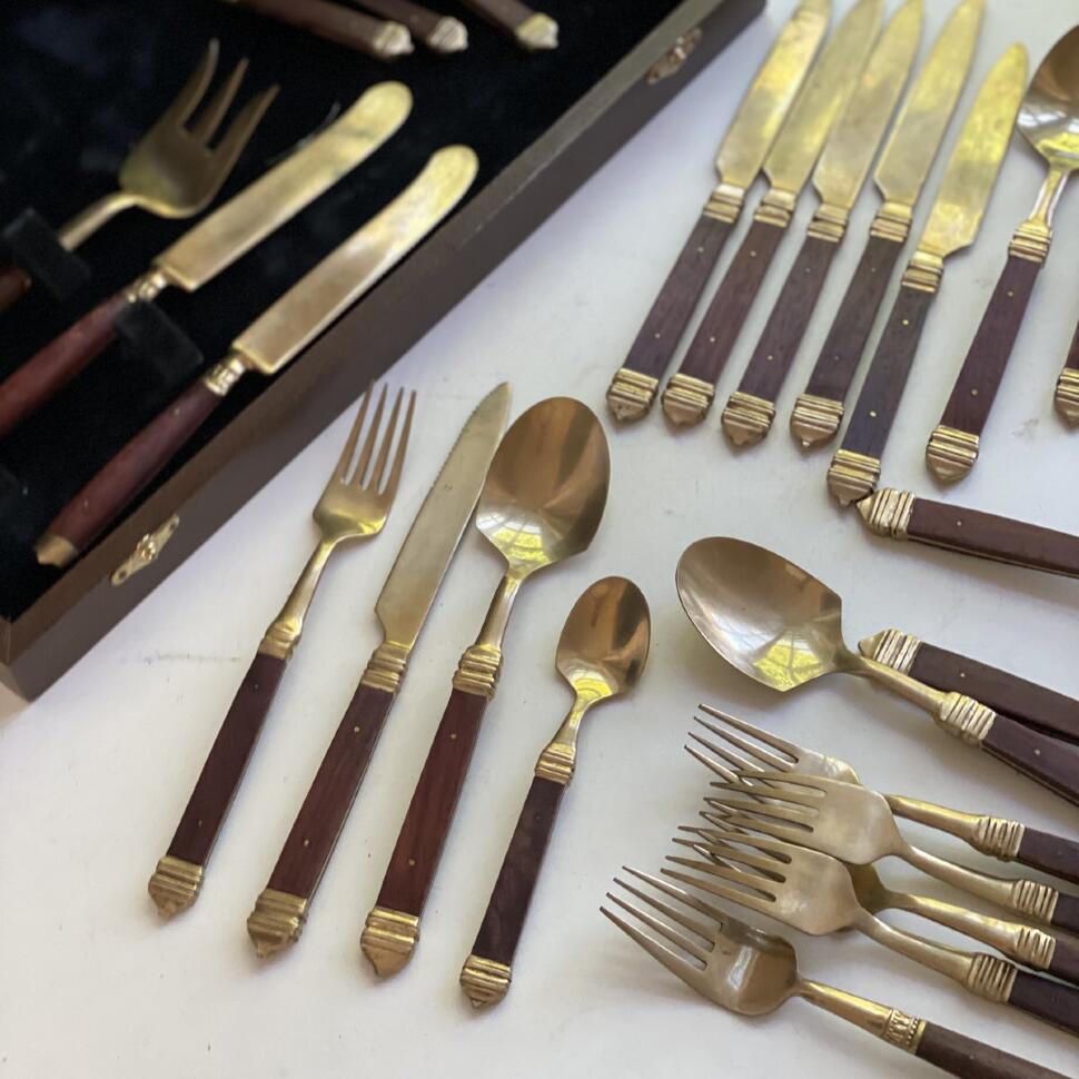 Столовые приборы 27 шт. латунь и дерево в коробе серия Tai