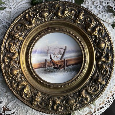 Тарелка панно Побег лисы 30 см латунь фарфор чеканка Франция