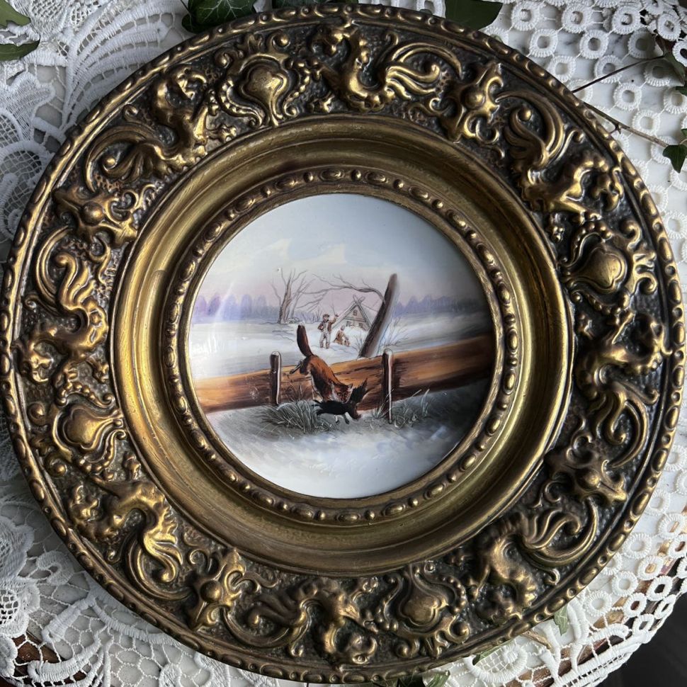Тарелка панно Побег лисы 30 см латунь фарфор чеканка Франция