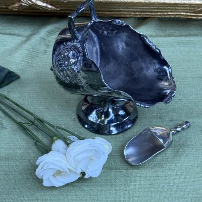 Сахарница зольник шлем с совком набор 15 см серебрение 