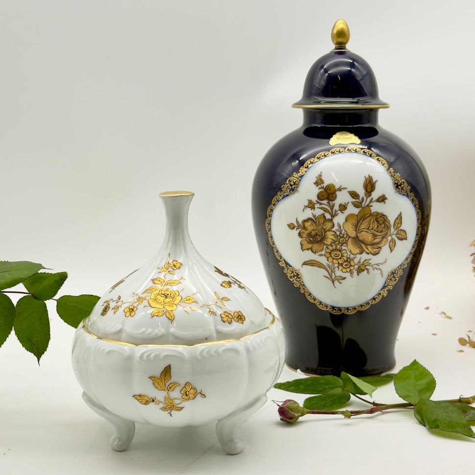 Ваза Lindner Золотые розы кобальт 31 см Германия