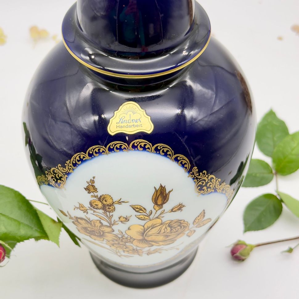 Ваза Lindner Золотые розы кобальт 31 см Германия