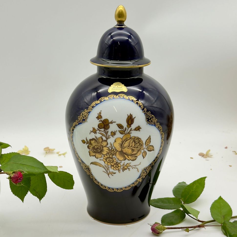 Ваза Lindner Золотые розы кобальт 31 см Германия