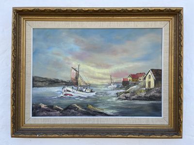 Картина масло репродукция 44х65 см Причал у дома в деревянной раме