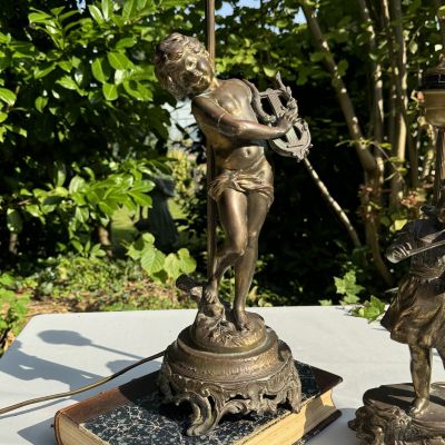 Лампа скульптура Мальчик с арфой Moreau 47 см бронза Франция 