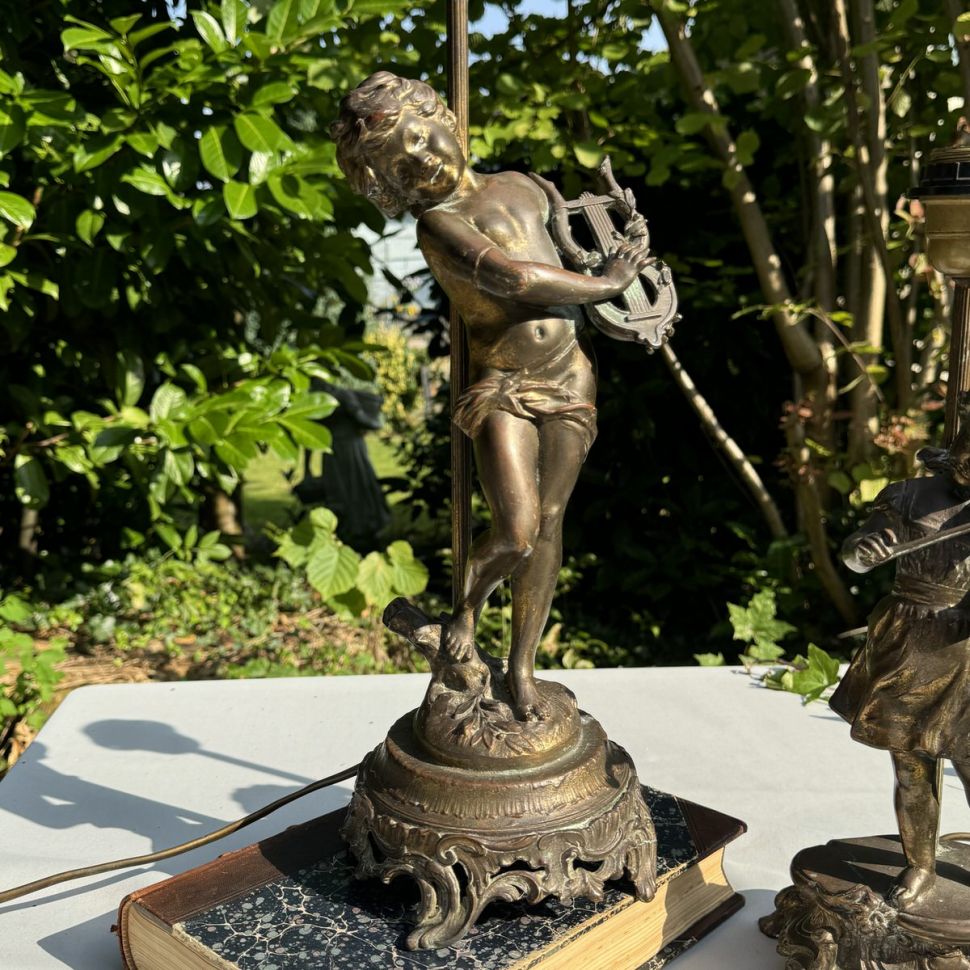Лампа скульптура Мальчик с арфой Moreau 47 см бронза Франция 