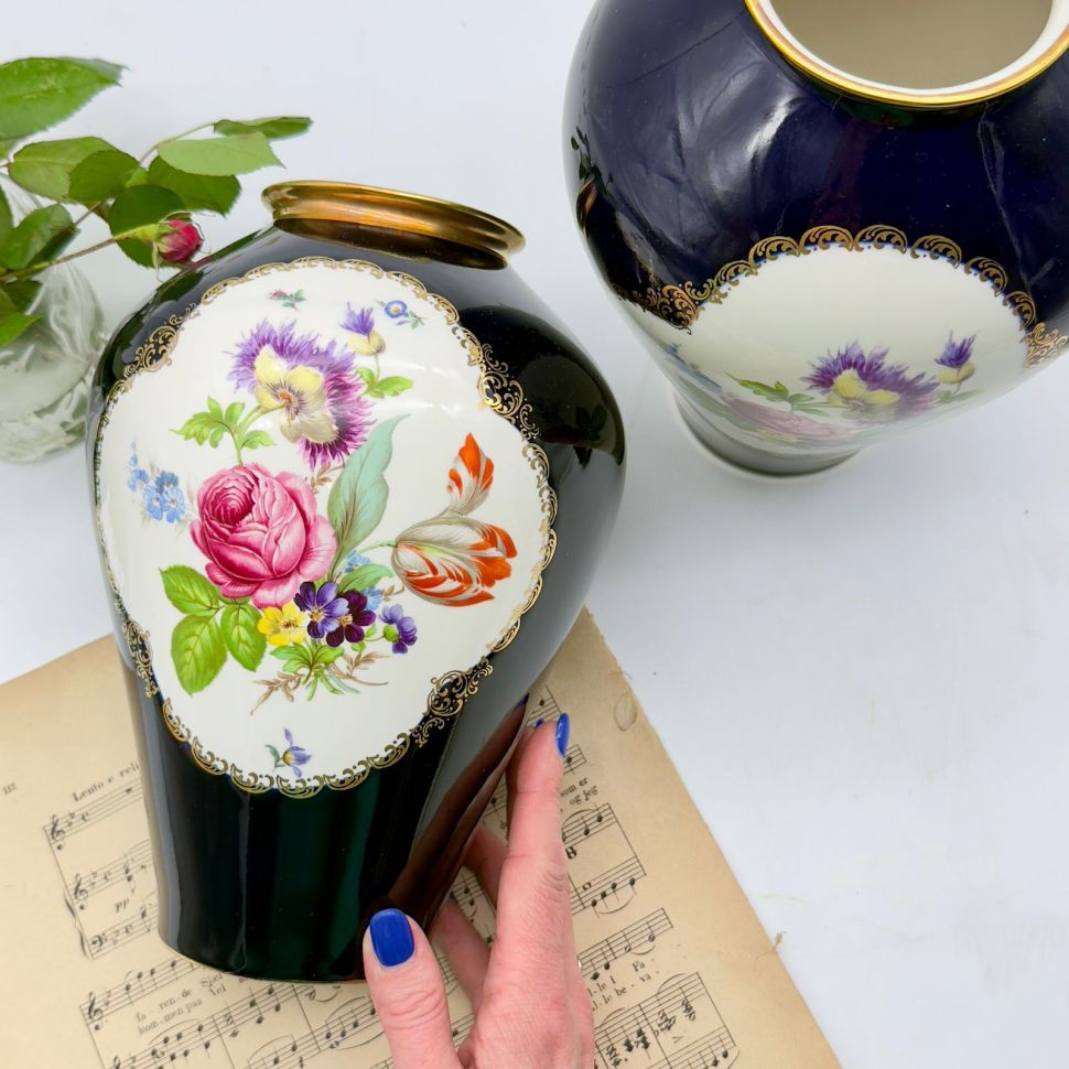 Ваза Lindner Мейсенский букет кобальт 24 см Германия  