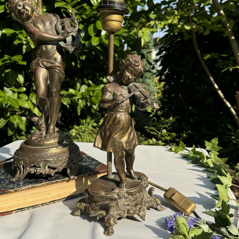 Лампа скульптура Девочка со скрипкой Moreau 39 см бронза Франция  работающая