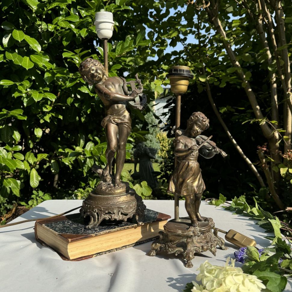 Лампа скульптура Девочка со скрипкой Moreau 39 см бронза Франция  работающая