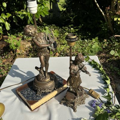 Лампа скульптура Девочка со скрипкой Moreau 39 см бронза Франция  работающая