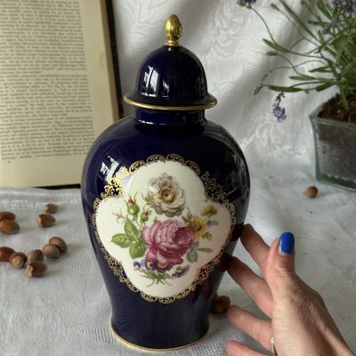 Ваза чайница Lindner Мейсенский букет 26 см кобальт фарфор Германия