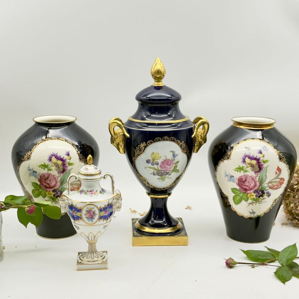 Ваза Lindner Мейсенский букет кобальт 24 см Германия