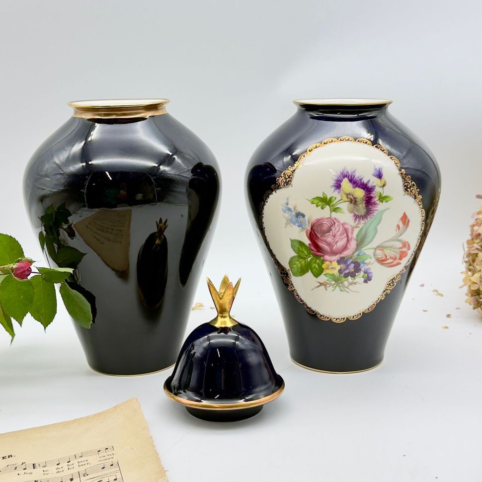 Ваза Lindner Мейсенский букет кобальт 24 см Германия