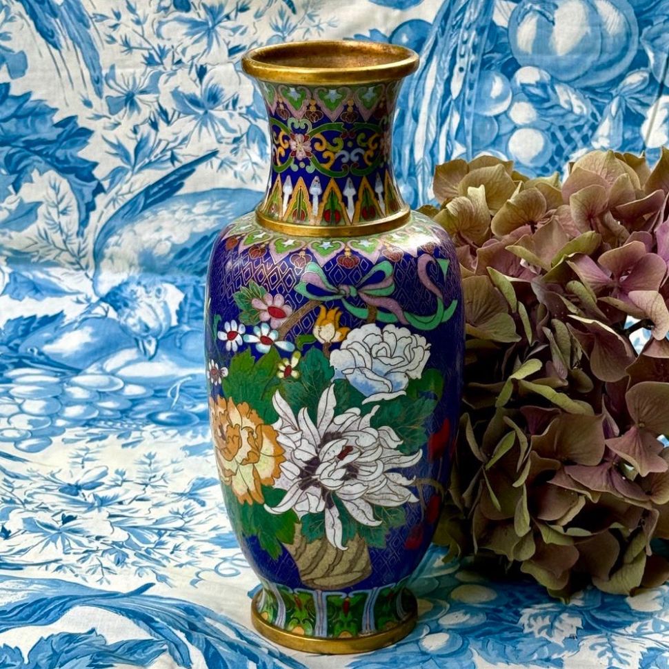 Ваза клуазоне Хризантемы 23 см латунь эмаль 