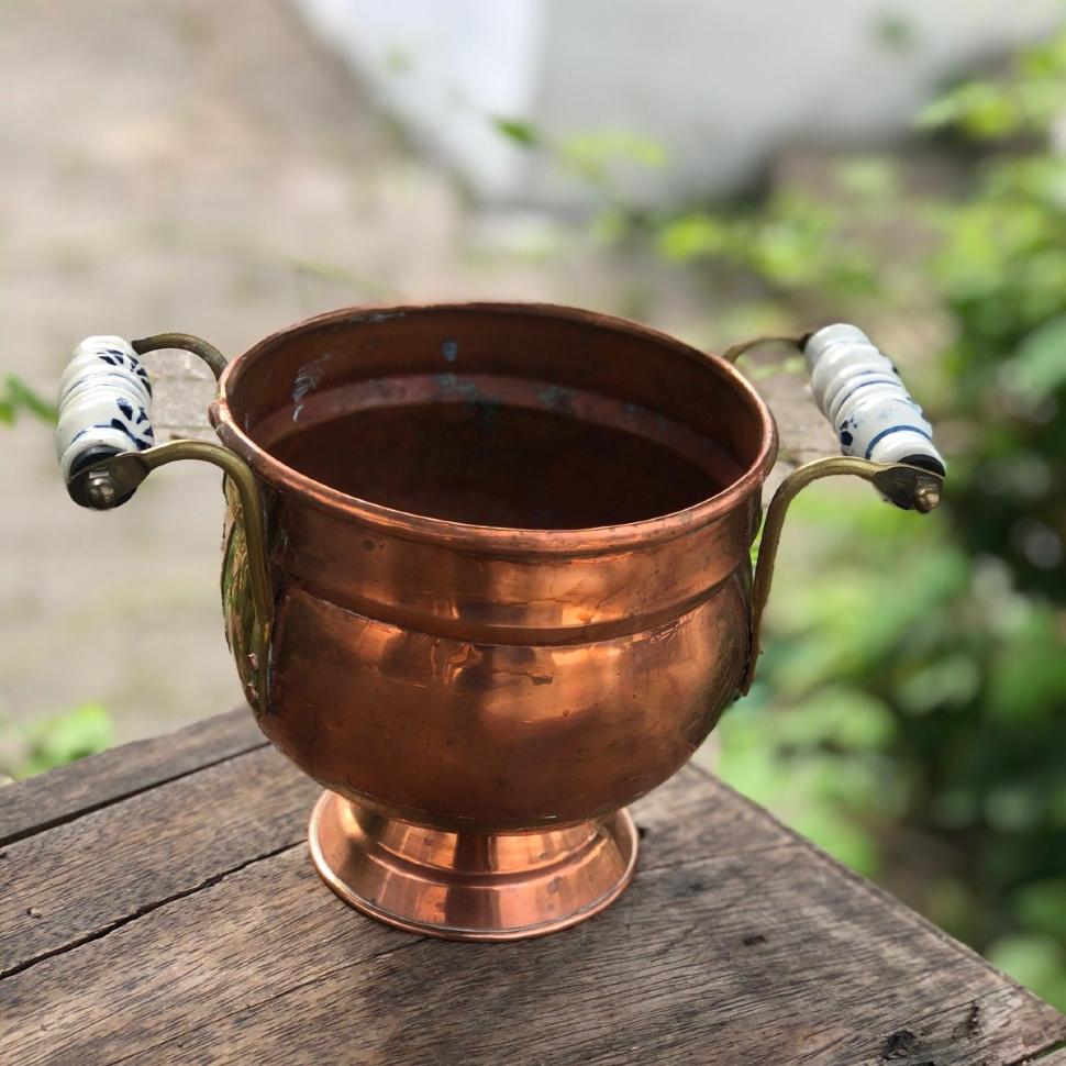 Кашпо зольник 14 см с керамическими ручками медь