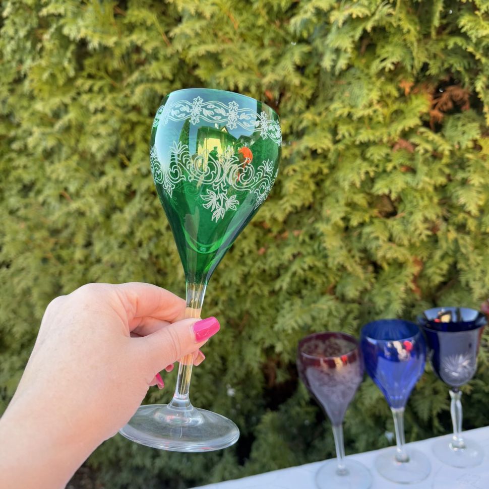 Бокал 320 мл зеленый накладной хрусталь гравировка Германия