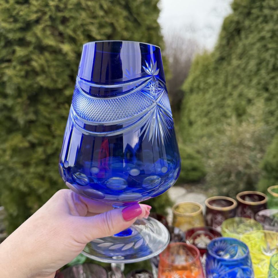 Ваза бокал синяя 850 мл накладной хрусталь Германия