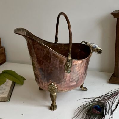 Кашпо зольник 25 см медь на латунных лапках с керамическими ручками