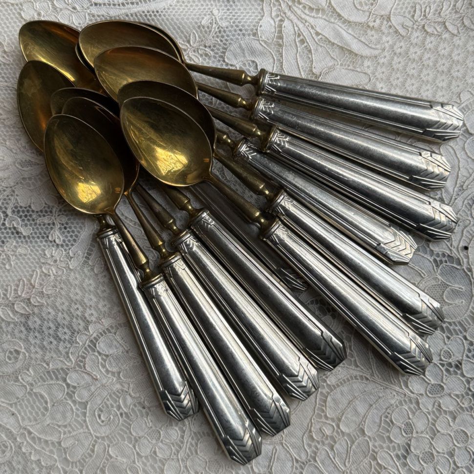 Ложка десертная 16 см серебрение золочение Франция Ардеко