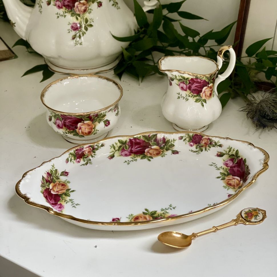 Сахарница молочник блюдо Royal Albert 1962 г. Old Country Roses Англия набор 3 предмета
