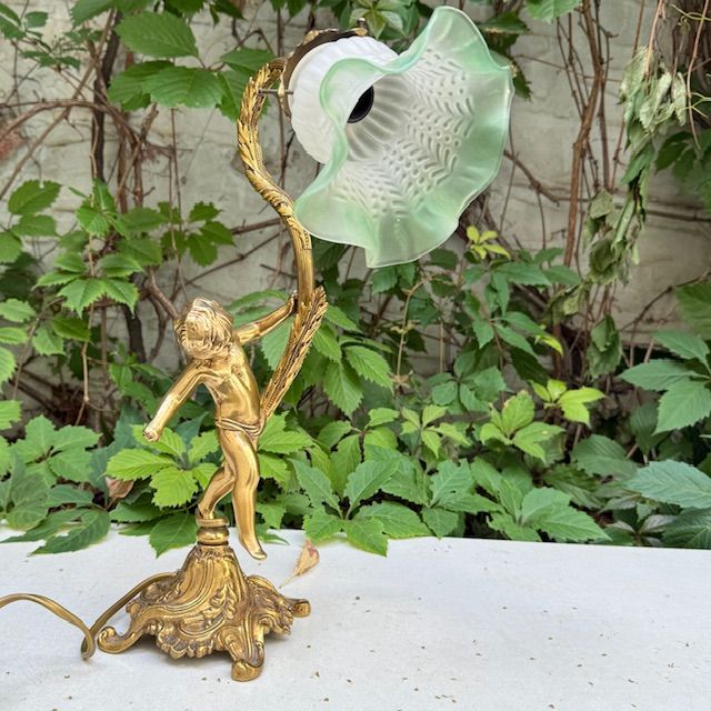 Лампа настольная Путти 38 см латунь стекло Франция   